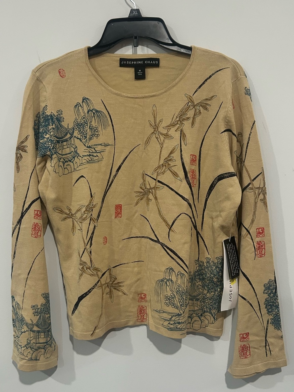 Josephine Chaus Tan Floral Pagoda Print Crewneck silk sweater